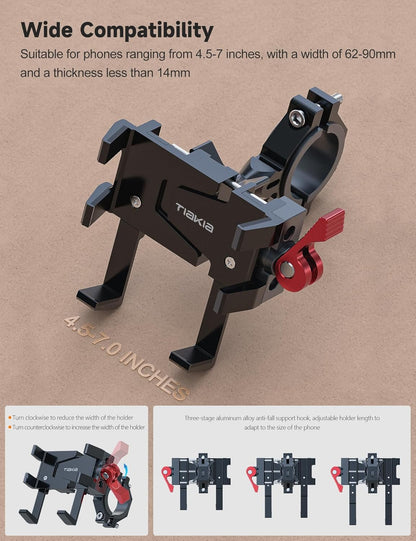 Tiakia Aluminum Bike Phone Mount, [2024 Upgrade] Camera Friendly＆1s Lock Handlebar Mounted Cell Phone Holder for Bike Motorcycle, 360° Rotation Universal Bicycle Phone Mount for 4.5-7 Inch Phones