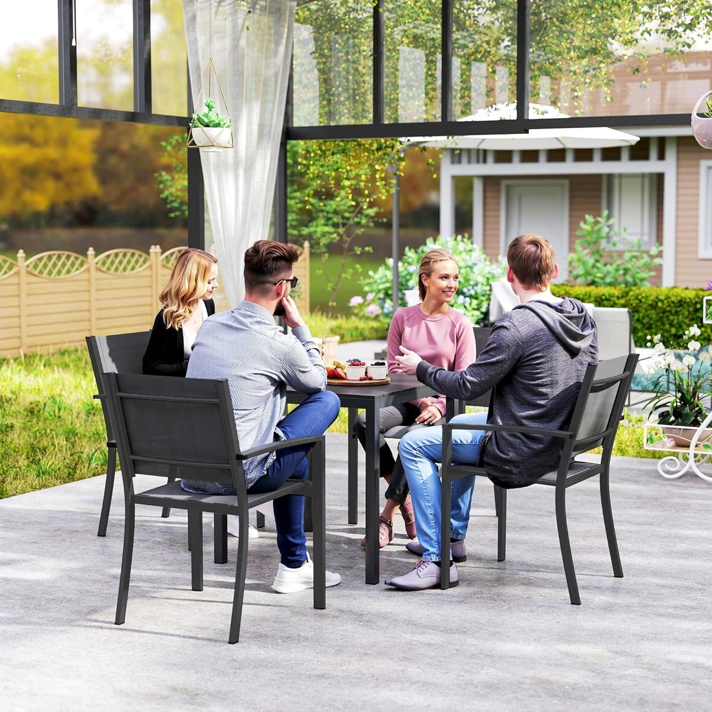 Outsunny 29" Aluminum Outdoor Dining Table for 4, Patio Table with Wood Grain Table Top, for Garden, Lawn, Balcony, Deck, Black