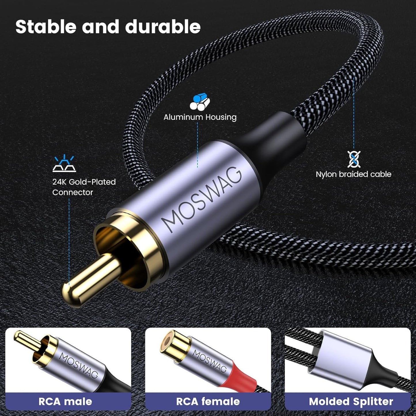 MOSWAG RCA Y Splitter Cable Adapter - 1 Male to 2 Female Audio Speaker Adapter (2 Pack) Compatible With Subwoofers, Speakers, Home Theatres
