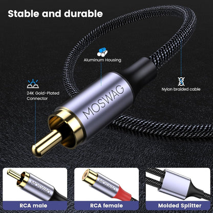MOSWAG RCA Y Splitter Cable Adapter - 1 Male to 2 Female Audio Speaker Adapter (2 Pack) Compatible With Subwoofers, Speakers, Home Theatres