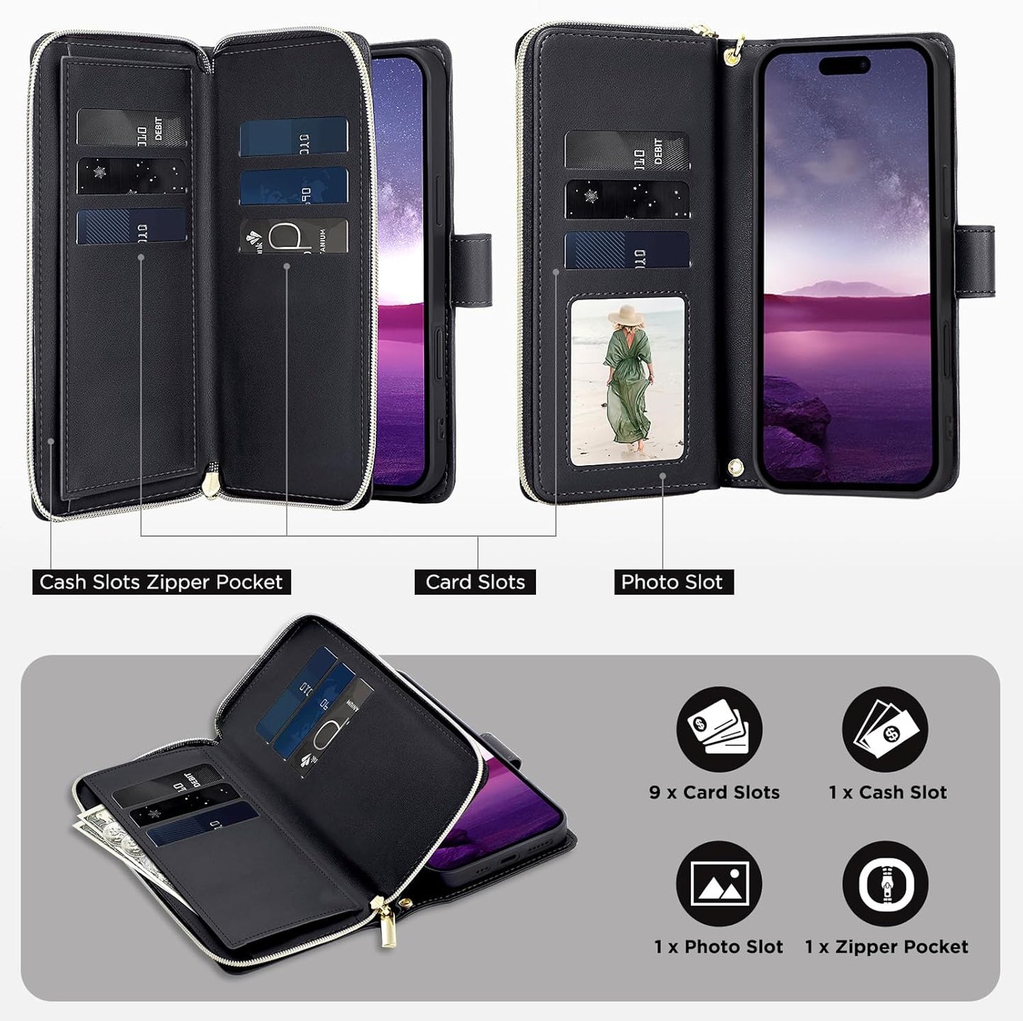 GoshukunTech for iPhone 16 Pro Case Wallet Leather, for iPhone 16 Pro Flip Case Wallet Cover Kickstand Zipper Purse 9 Card Holder with Wristlet Strap Crossbody Lanyard-Black