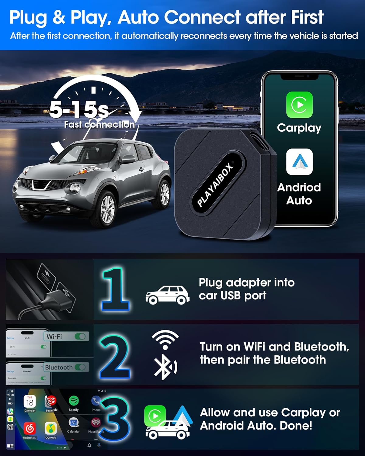 Carplay Wireless Adapter Android Car Wireless Adapter 2 in 1 Design, Bluetooth 5.0 Adapter Wireles-s Android Car Fast Connection Transmission with Plug and Play Mini Design