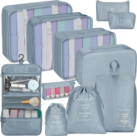 Coolzon Packing Cubes Travel Suitcase Organizer Set of 11, Compression Luggage Organizer Space-Saving for Clothes, Ultralight, Shoes, Underwear, Black, grey