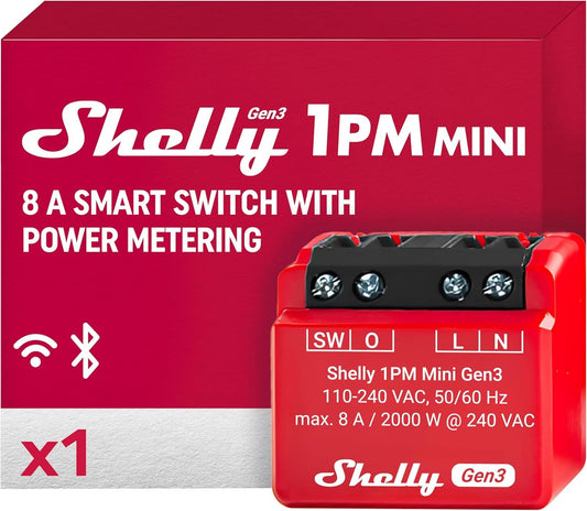 Shelly 1PM Mini Gen3 | WiFi & Bluetooth Smart Switch Relay, 1 Channel 8A with Power Measurement | Home Automation | Compatible with Alexa & Google Home | iOS Android App | No Hub Required