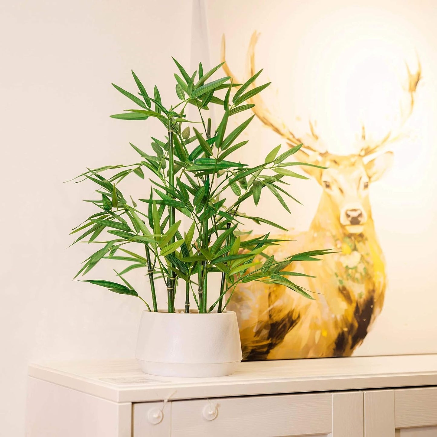365 Blooming Decor 18" White Potted Faux Bamboo Plant- Luxury Artificial Bamboo Tree in White Pot for Home, Office, Kitchen, Counter Top, Indoor Decor, Money Tree, Lucky Bamboo Tree