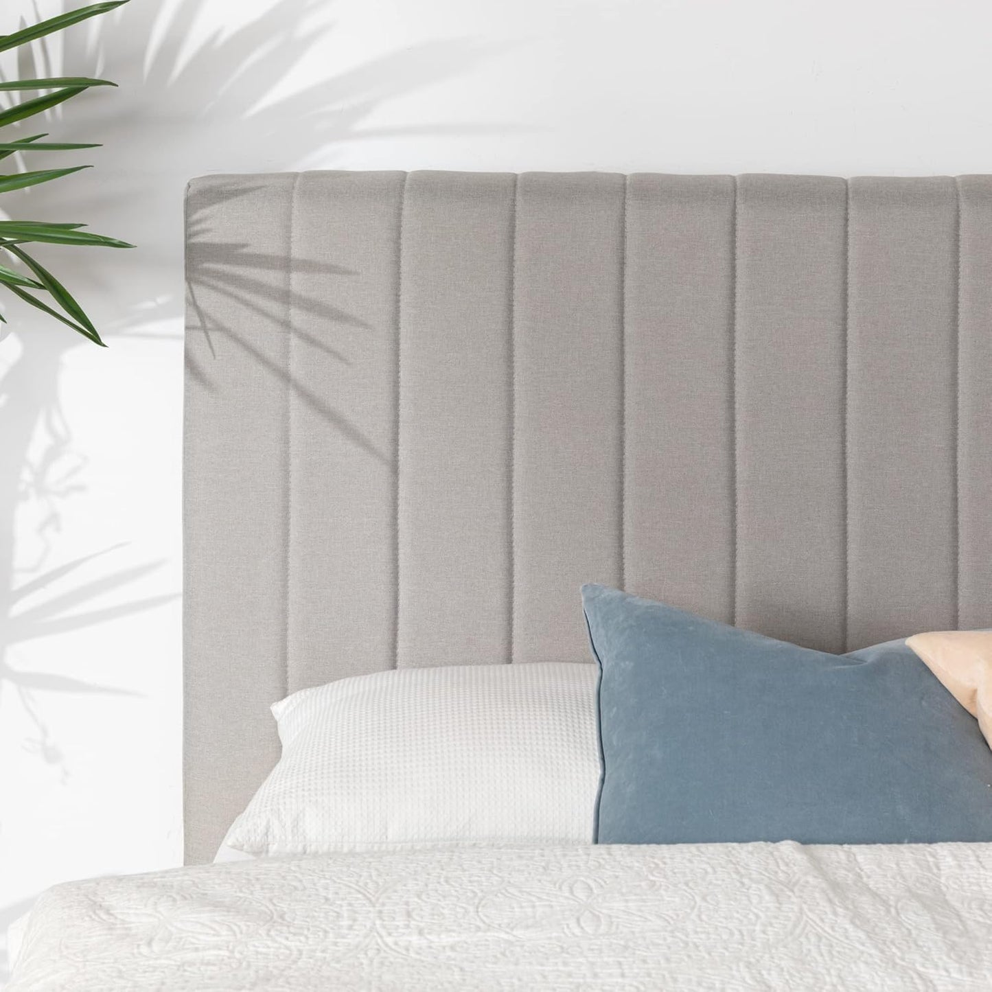 Zinus Queen Bed Frame DEBI Fabric Platform Light Grey Base Mattress, Tall Headboard, Wooden Slat Support Steel, Bedroom Furniture