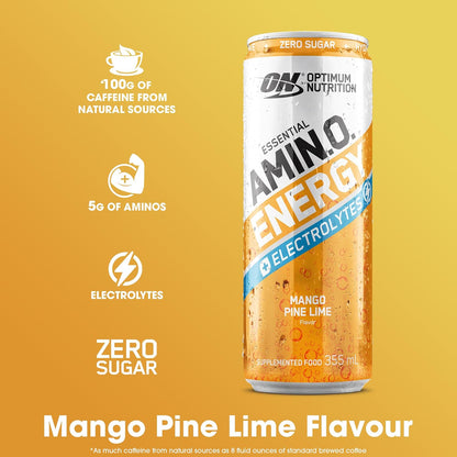 OPTIMUM NUTRITION Amino Energy + Electrolytes Sparkling Hydration Drink, Mango Pinelime Flavour, 355ml, 12 Pack