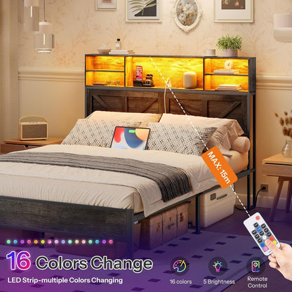 HOOBRO Full Bed Frame with Charging Station, LED Bed Frame with Tall Storage Headboard, Strong Wood Slats, No Box Spring Needed, Noise-Free, Charcoal Gray and Black BC05UDBF01