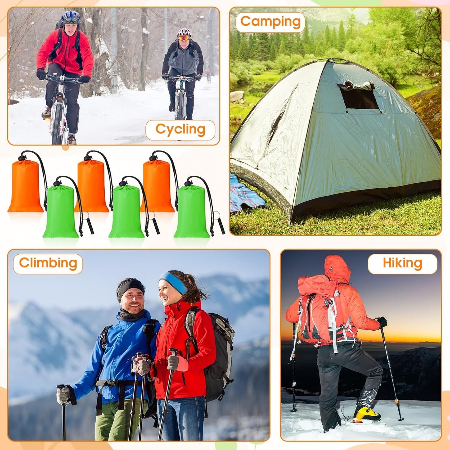 Qunclay 12 Set Emergency Sleeping Bag Survival Bivvy Sack Blanket with Whistles Lightweight Portable Thermal Survival Bag Thick Tent with Hood Extension Nylon Stuff Sack (Orange, Green,82.7 x 35.4 in)