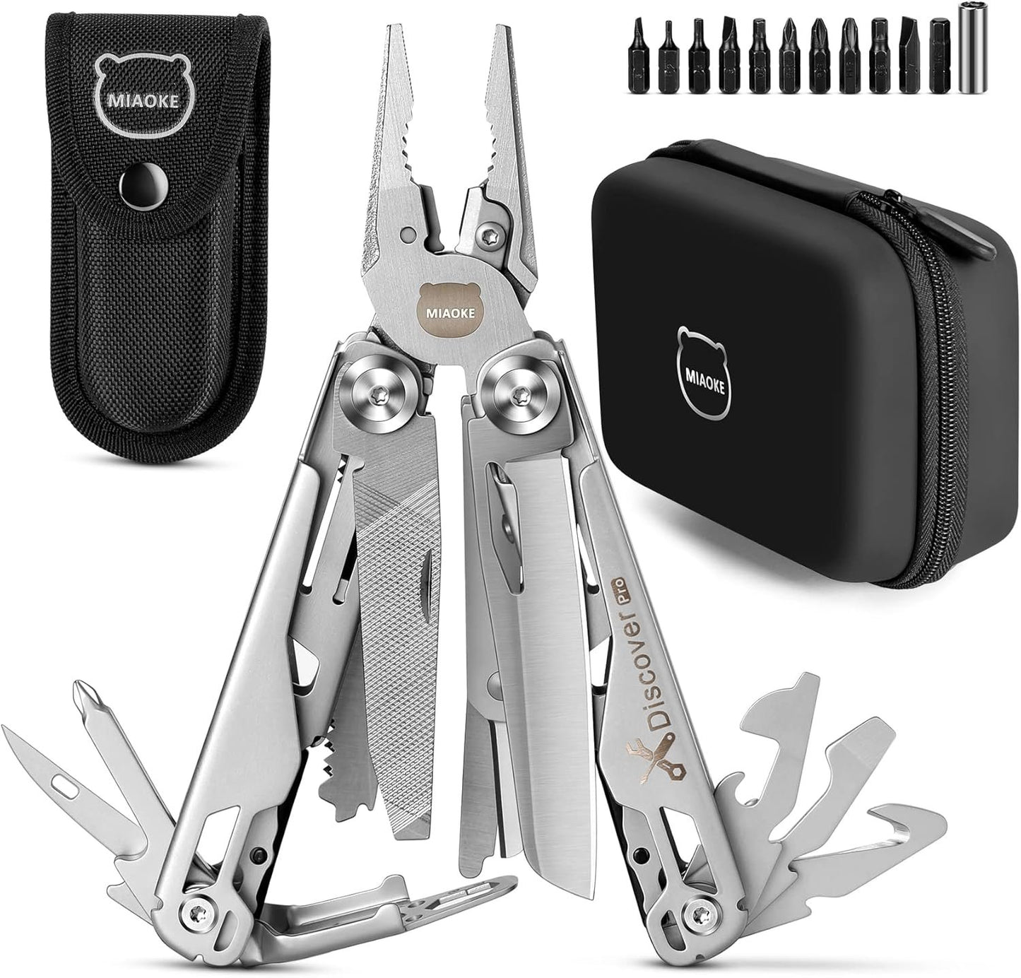 MIAOKE Multitool 23 in 1 with Premium Gift Box, Screwdrivers Saw Screwdrivers Bottle Opener Pliers Camping Knife Cool Gadgets for Men, Best Gift for Boyfriend Son Dad Him Husband, (Silver-Discover)