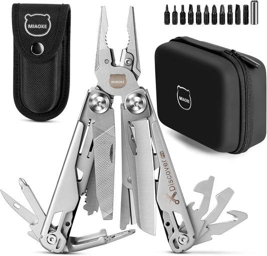 MIAOKE Multitool 23 in 1 with Premium Gift Box, Screwdrivers Saw Screwdrivers Bottle Opener Pliers Camping Knife Cool Gadgets for Men, Best Gift for Boyfriend Son Dad Him Husband, (Silver-Discover)