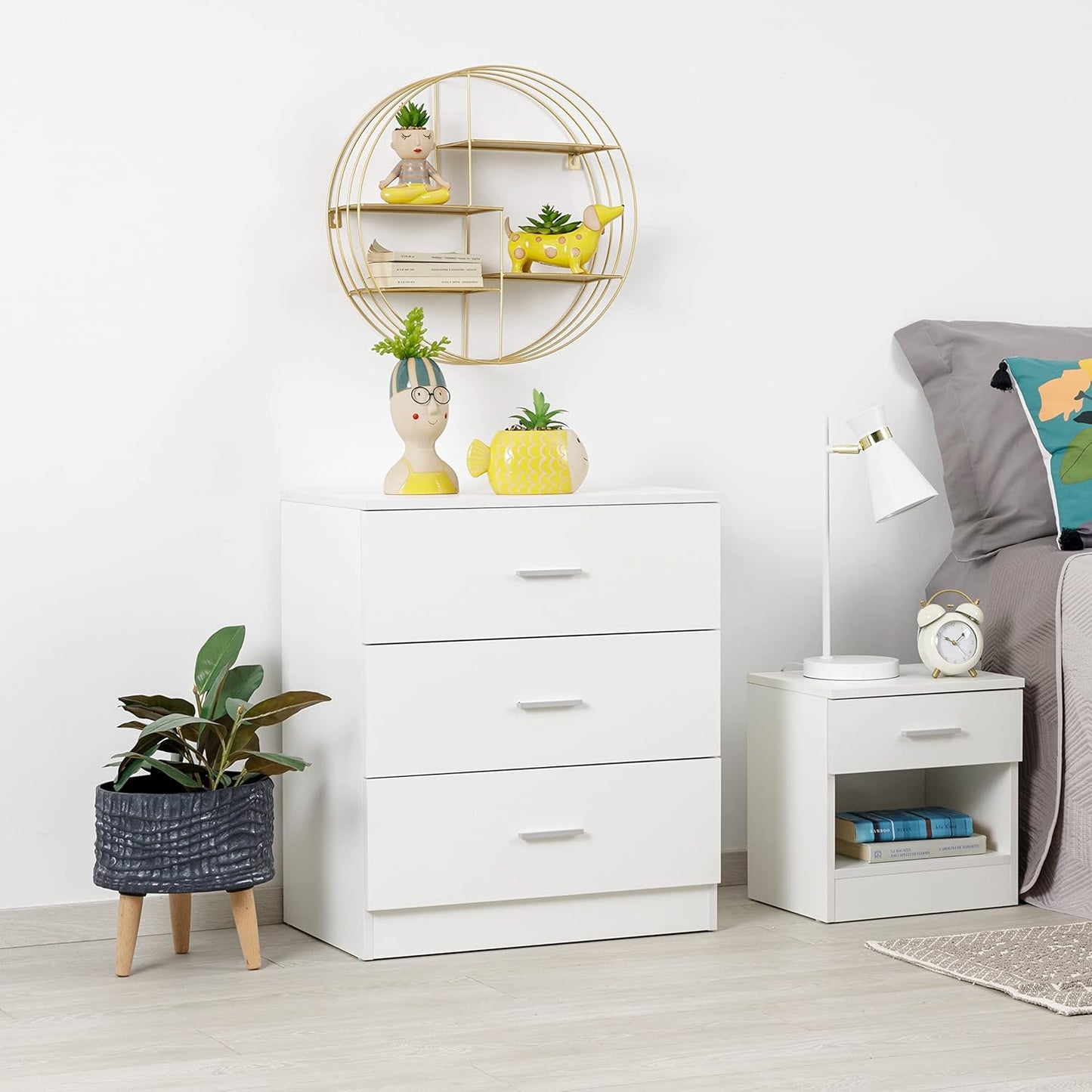 Baroni Home 3 Drawer Chest of Drawers in Melamine-Plated, Bedroom or Living Room, Modern White Furniture, 60 x 40 x 70 cm