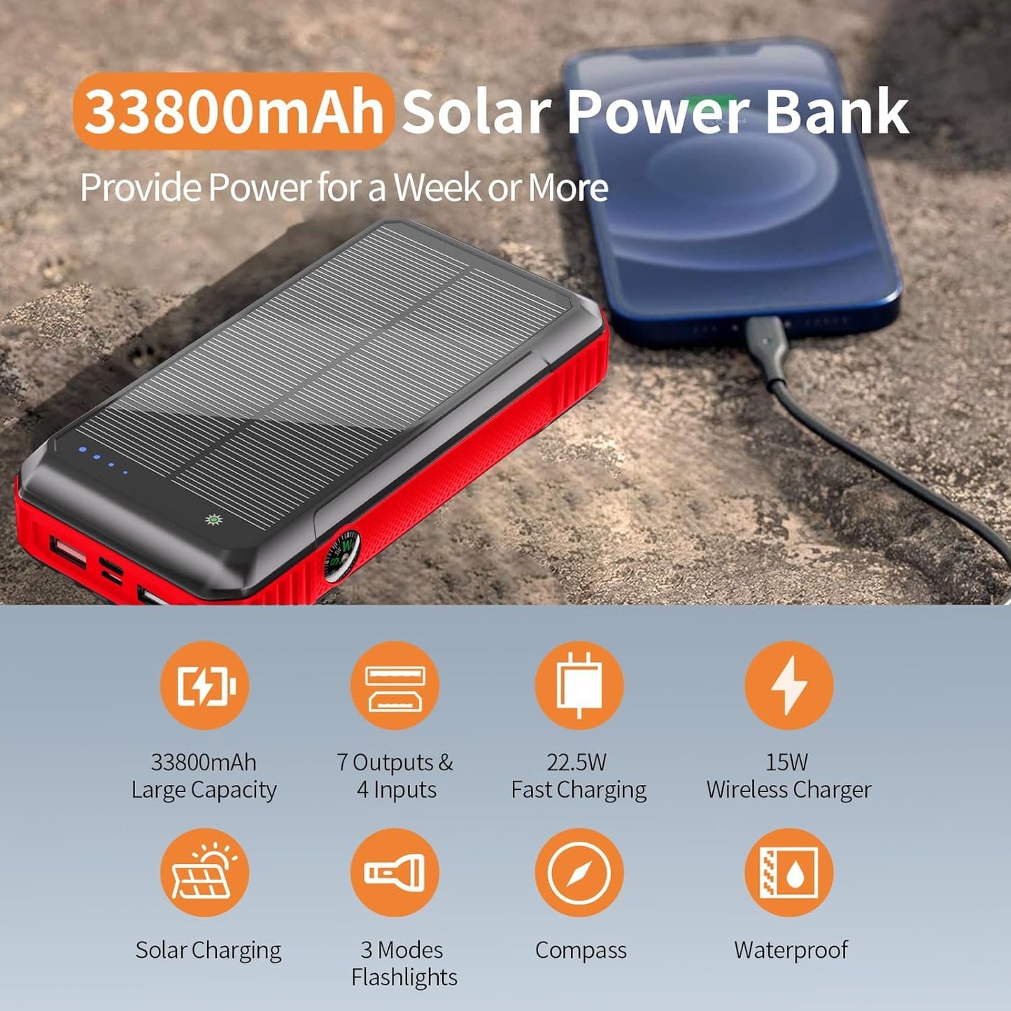 DJKK Solar Power Bank Wireless Charger 33800mAh Built in 4 Cables and LED Camping Lights 22.5W Fast Charging Power Bank 7 Outputs 4 Inputs Portable Charger Compatible with All Mobile Devices (Red)