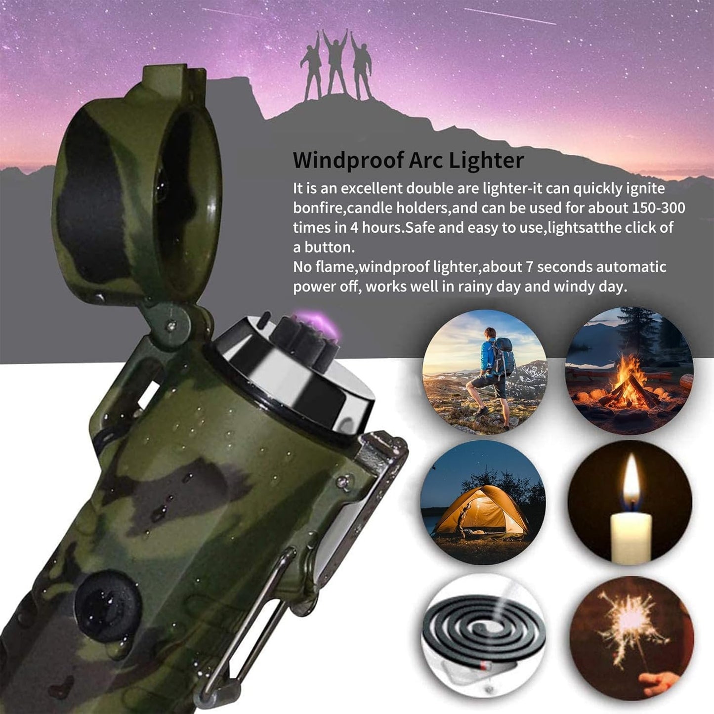 Electric Lighter (Rechargeable),3 in 1 Windproof Plasma Lighter with Tactical Flashlight & Compass,Portable Flameless Arc Lighters for Camping Hiking Outdoor Adventure Survival Tactical (Camouflage)