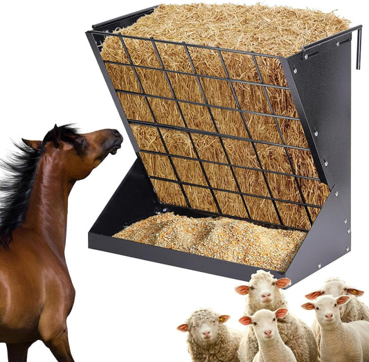 PAUQRWIE 25 Gallon 2 in 1 Hay and Grain Feeder for Goats, Sheep, Alpaca, Horse, Cattle, Livestock - Black Carbon Steel Wall Mount Hay Rack with Detachable Grain Tray - Adult