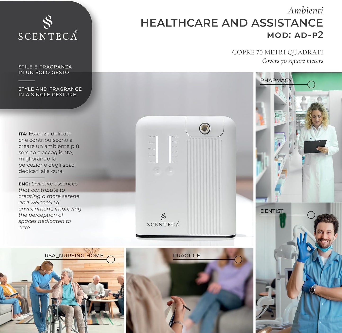 SCENTECA® AD-P2 Fragrance Diffuser for Home and Commercial Use Mist, Connectable Hvac, Coverage up to 70 m², 100ml Fragrance Included "Summer Scent"