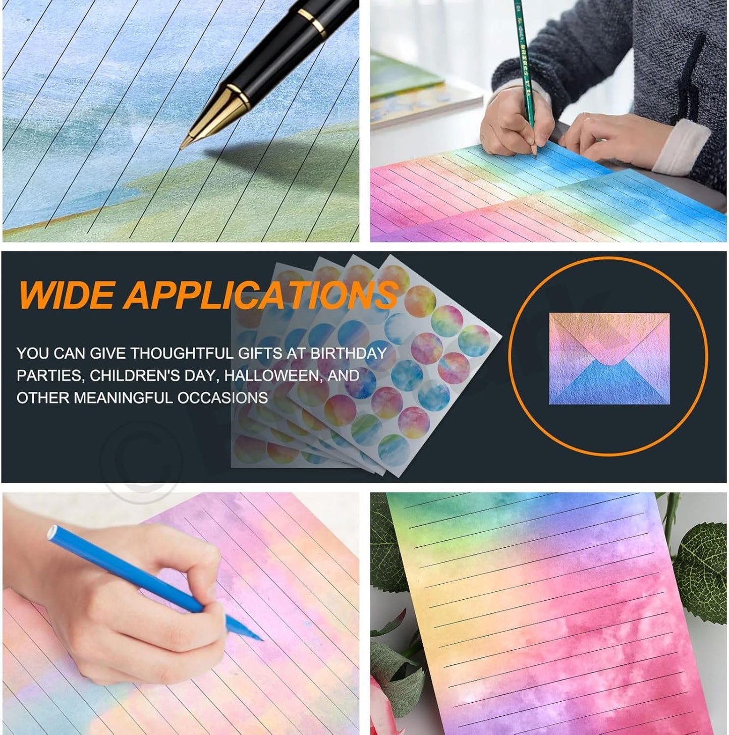 Rustark 200pcs Watercolor Stationery Paper and Envelopes Set with Stickers, Double-Sided Stationery Paper Lined Paper Sheets Watercolor Envelopes for Writing Letters Greeting Cards Invitations