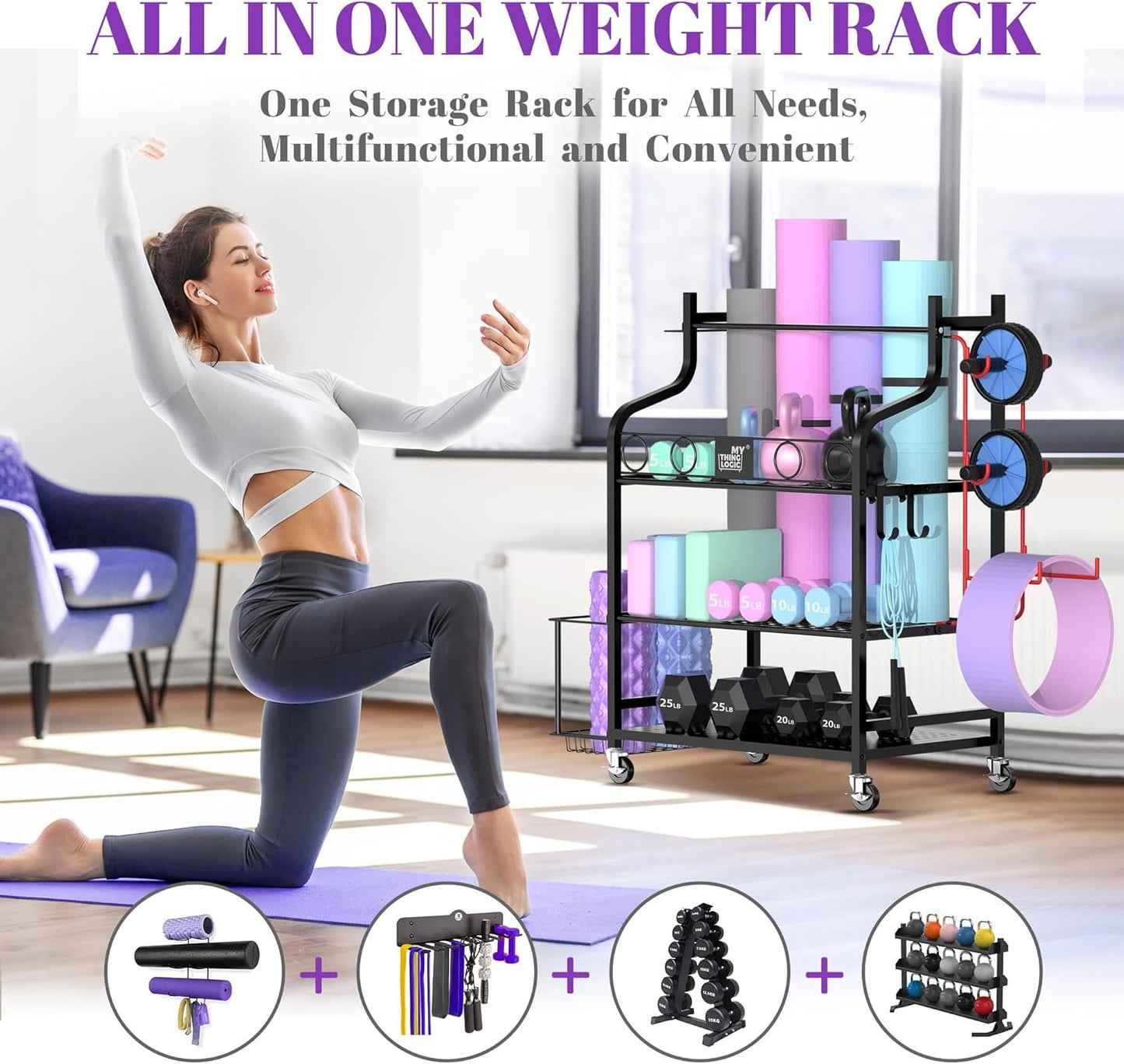 Mythinglogic Yoga Mat Storage Racks, Home Gym Storage Rack for Foam Roller, Resistance Band, Dumbbell, Kettlebell, Yoga Mat Holder, Workout Equipment Storage Organizer with Wheels and Hooks