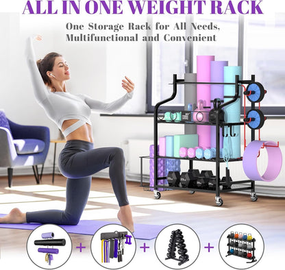Mythinglogic Yoga Mat Storage Racks, Home Gym Storage Rack for Foam Roller, Resistance Band, Dumbbell, Kettlebell, Yoga Mat Holder, Workout Equipment Storage Organizer with Wheels and Hooks