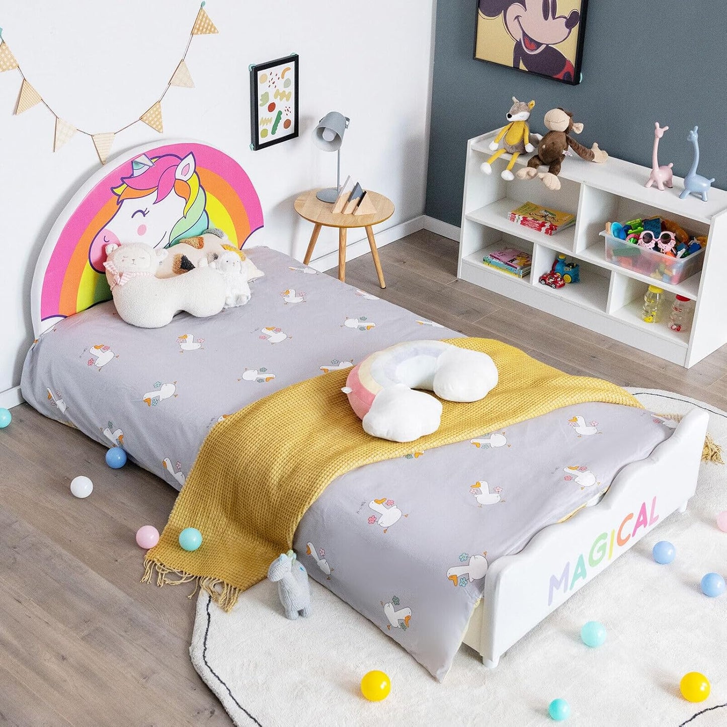 HONEY JOY Single Bed Frames for Kids, Wood Upholstered Twin Bed Platform with Slat Support, Padded Headboard & Footboard, Girls & Boys Bed for Over 3 Years Old, Fits Standard Twin Mattress (Rainbow)