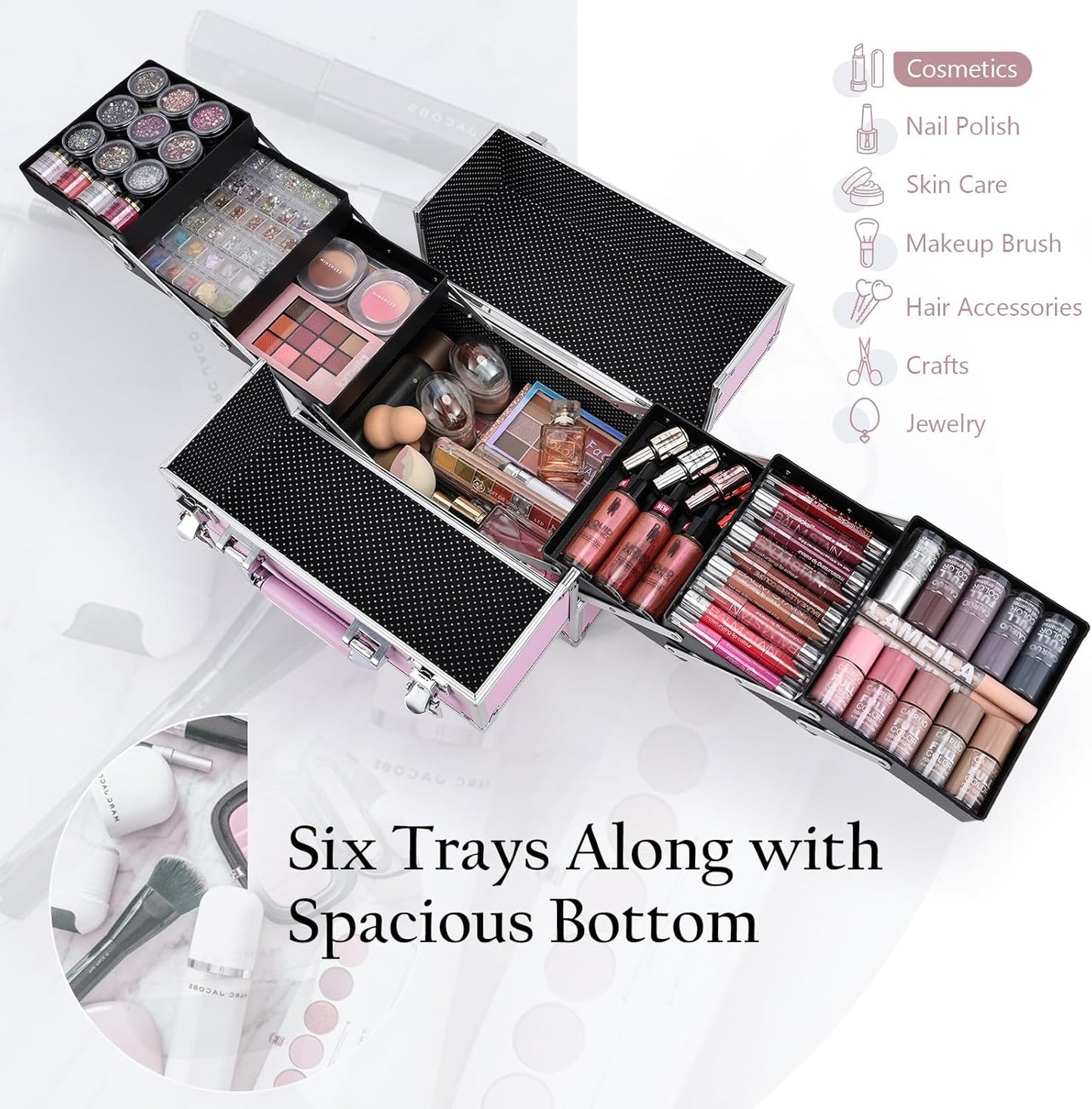 Professional Makeup Case Large Size Cosmetic Case Cosmetic Case Makeup Organizer 6 Trays Lockable, pink, L
