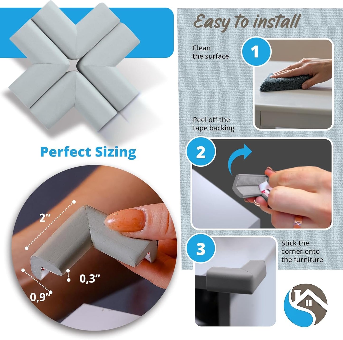8-Pack Baby Proofing Corner Protectors, Furniture Corner and Edge Safety Bumpers, Soft Rubber Foam Cushion Covers, 3M Taped Corner Protector, Baby Child Proofing Pads, Table Protector, Grey