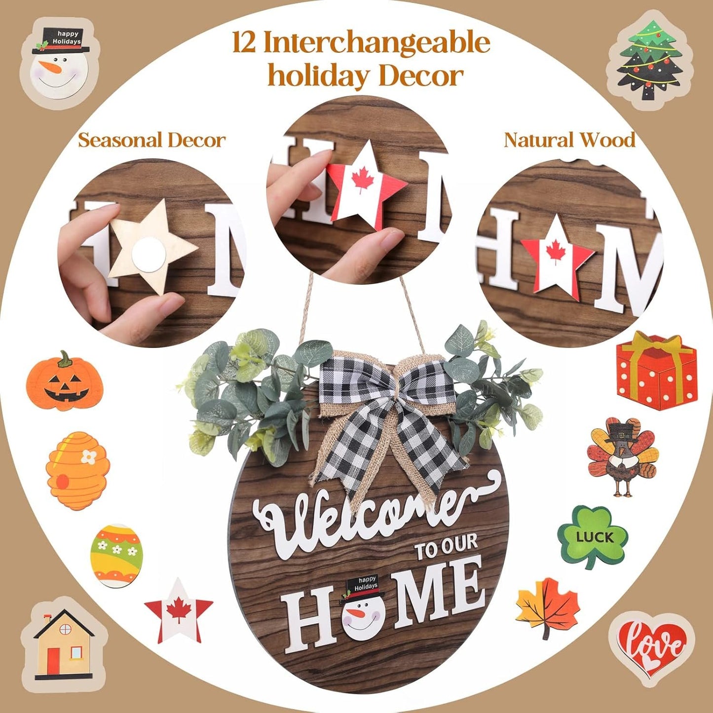 SWITTE 12 Interchangeable Seasonal Welcome Wreaths Sign Home Decor, Rustic Round Wood Wreaths Wall Hanging Outdoor, Porch, for Spring Summer Fall All Seasons Holiday Christmas Decoration (Brown)