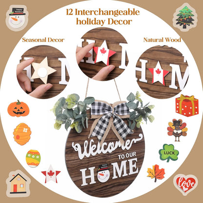 SWITTE 12 Interchangeable Seasonal Welcome Wreaths Sign Home Decor, Rustic Round Wood Wreaths Wall Hanging Outdoor, Porch, for Spring Summer Fall All Seasons Holiday Christmas Decoration (Brown)