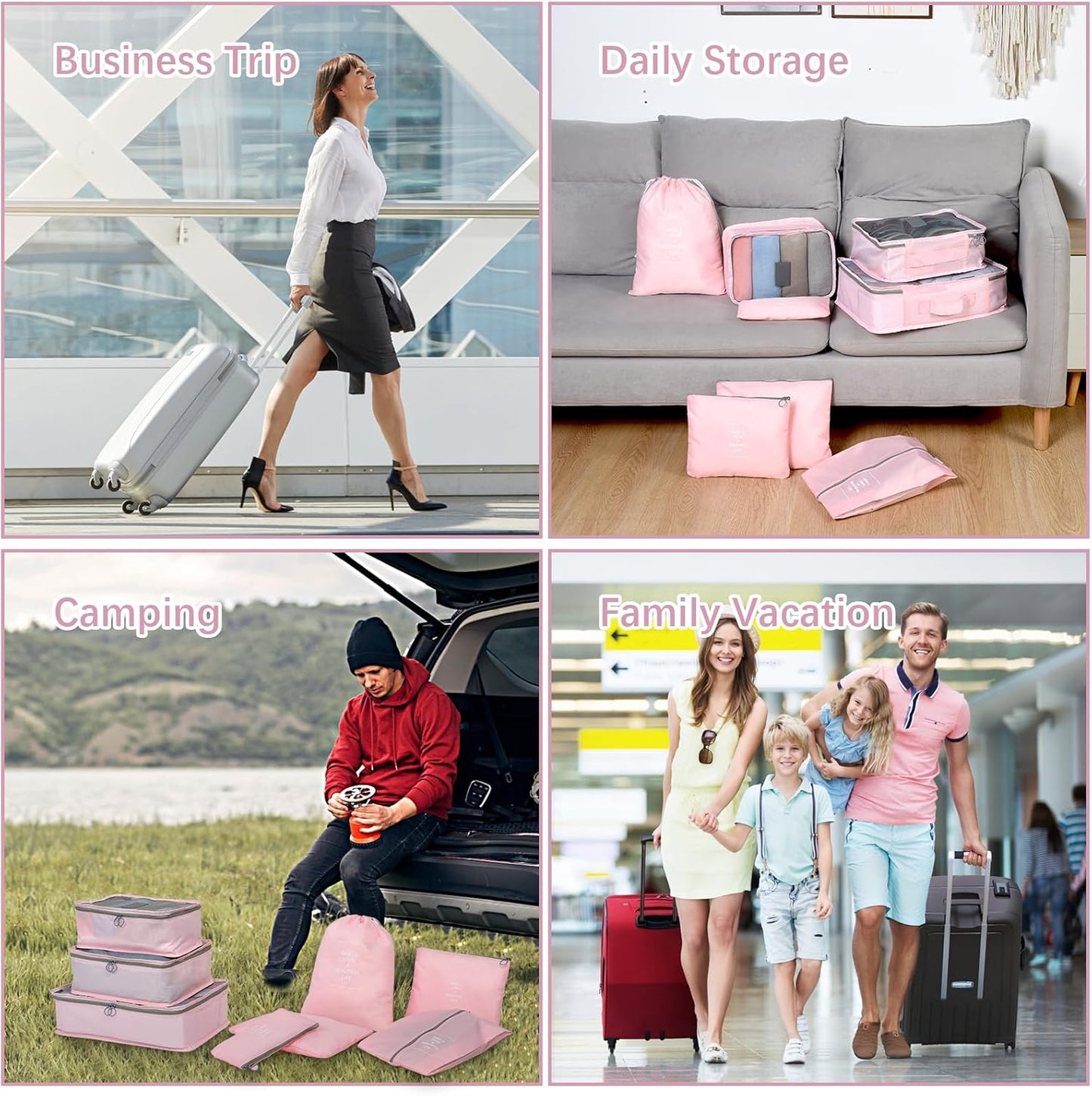 OTraki 8 Piece Suitcase Organizer, Space-Saving Travel Makeup Bag, Washable Travel Set (Pink)