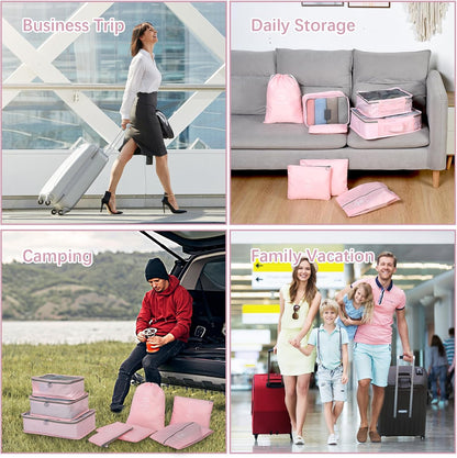 OTraki 8 Piece Suitcase Organizer, Space-Saving Travel Makeup Bag, Washable Travel Set (Pink)