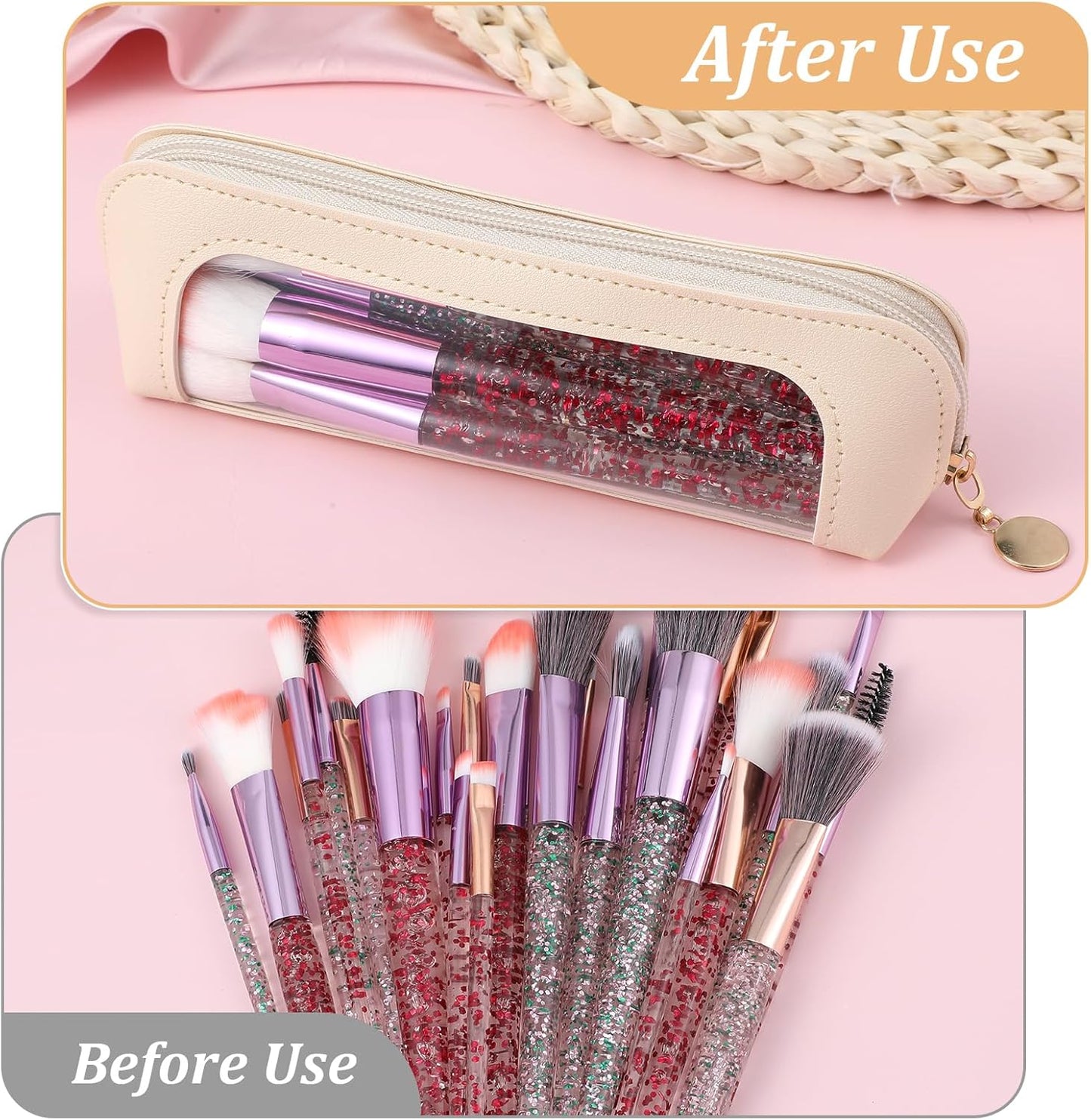 Clear Makeup Bag, Portable Transparent Cosmetic Organizer, PU Leather Makeup Brush Holder, Waterproof Travel Toiletry Pouch with Zipper for Women, Slim Makeup Case for Home, Office, Travel, Beige