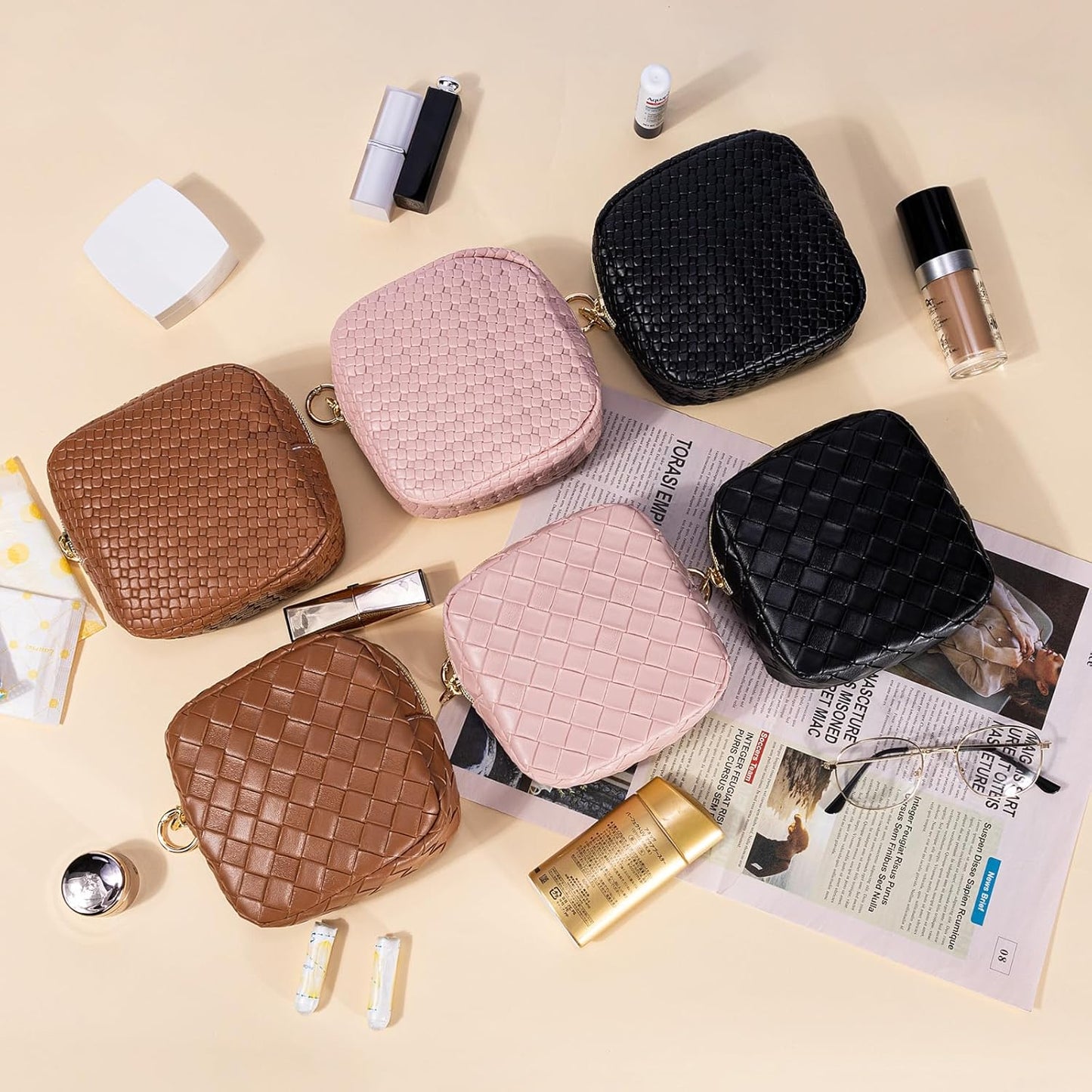 Travel Beauty Case Makeup Bag Women Leather Clutch Bag Checkerboard Cosmetic Bag Organizer Bags Makeup Organizer Portable Travel Accessories for Girl Birthday, Small Chessboard-Pink, Toiletry Bag
