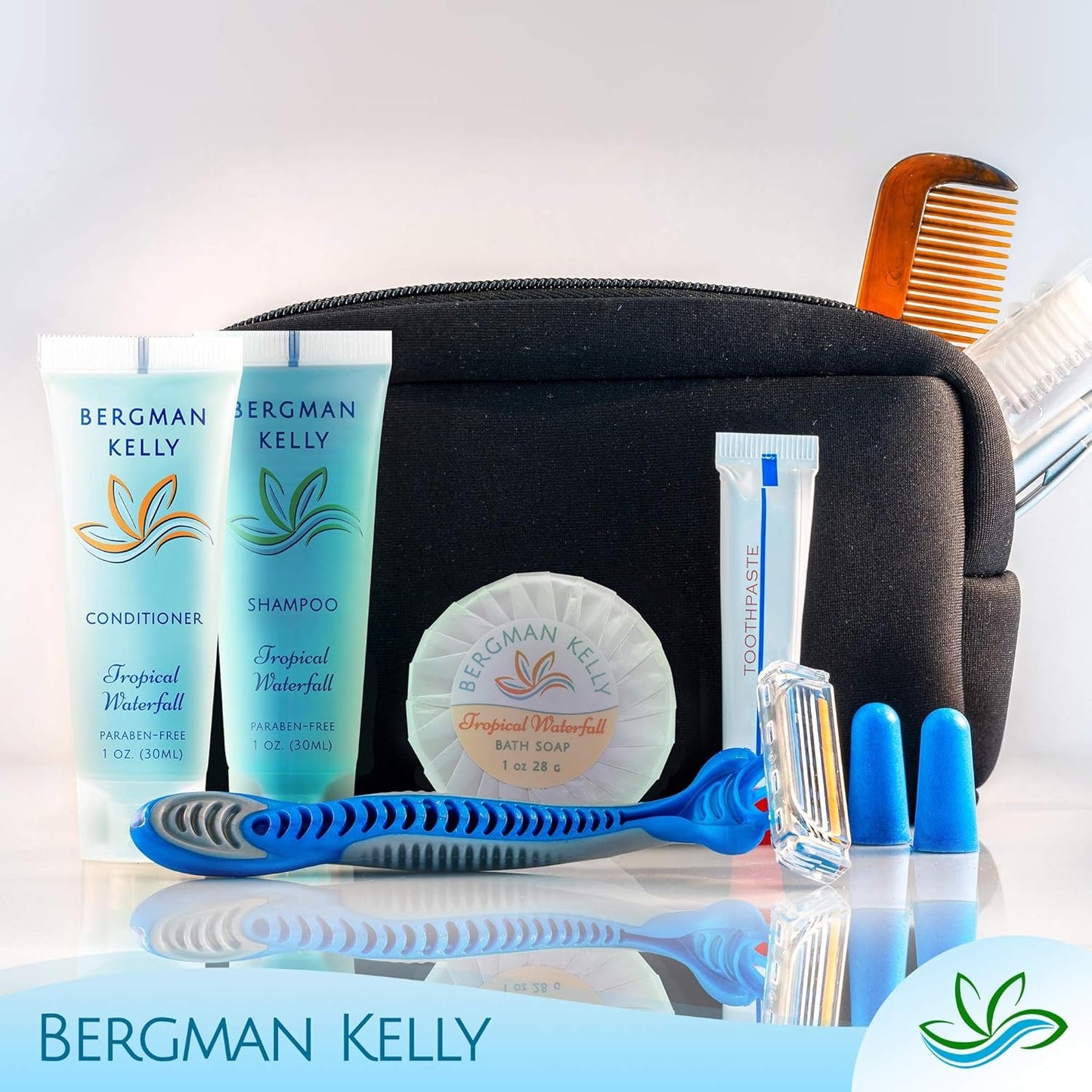 BERGMAN KELLY Hotel Toiletries Bundle - Tropical Waterfall, 1 oz each, 125 Pcs - 5-Piece Set: 25 Round Bar Soap, 25 Shampoo, 25 Conditioner, 25 Body Lotion & 25 Body Wash - Bulk Mini Guest Amenities