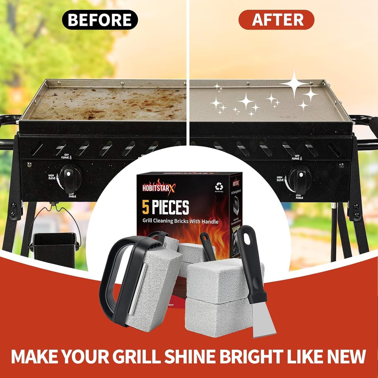 Griddle Stone Grill Brick - Grill Bricks Cleaning Block Barbecue Grill Cleaner Pumice Stone for Blackstone Griddle Accessories Flat Top Brick -3 PCS Grill Cleaning Bricks with Handle