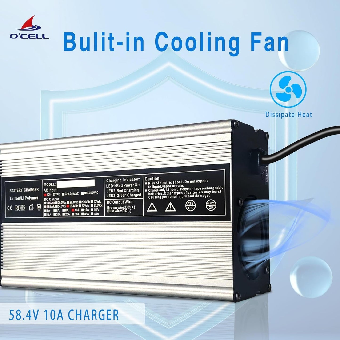 58.4V 10A, AC-DC Battery Charger, Dedicated Best Solution for 48V Lithium Iron Phosphate, LiFePO4 Battery Recharging Support Charging Solar Off-Grid, Backup Power, RV Marine Trolling Motor Lawn Mower