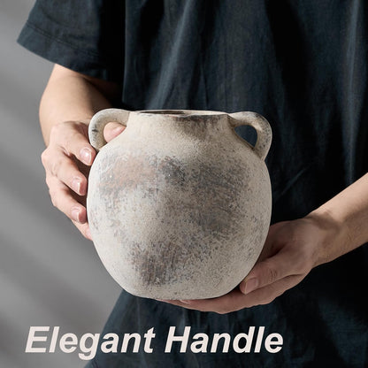 PORCER 5.8 Inch Terracotta Vase with Handles, Rustic Vase for Home Decor, Farmhouse, Living Room, Table - Gray, Set of 1