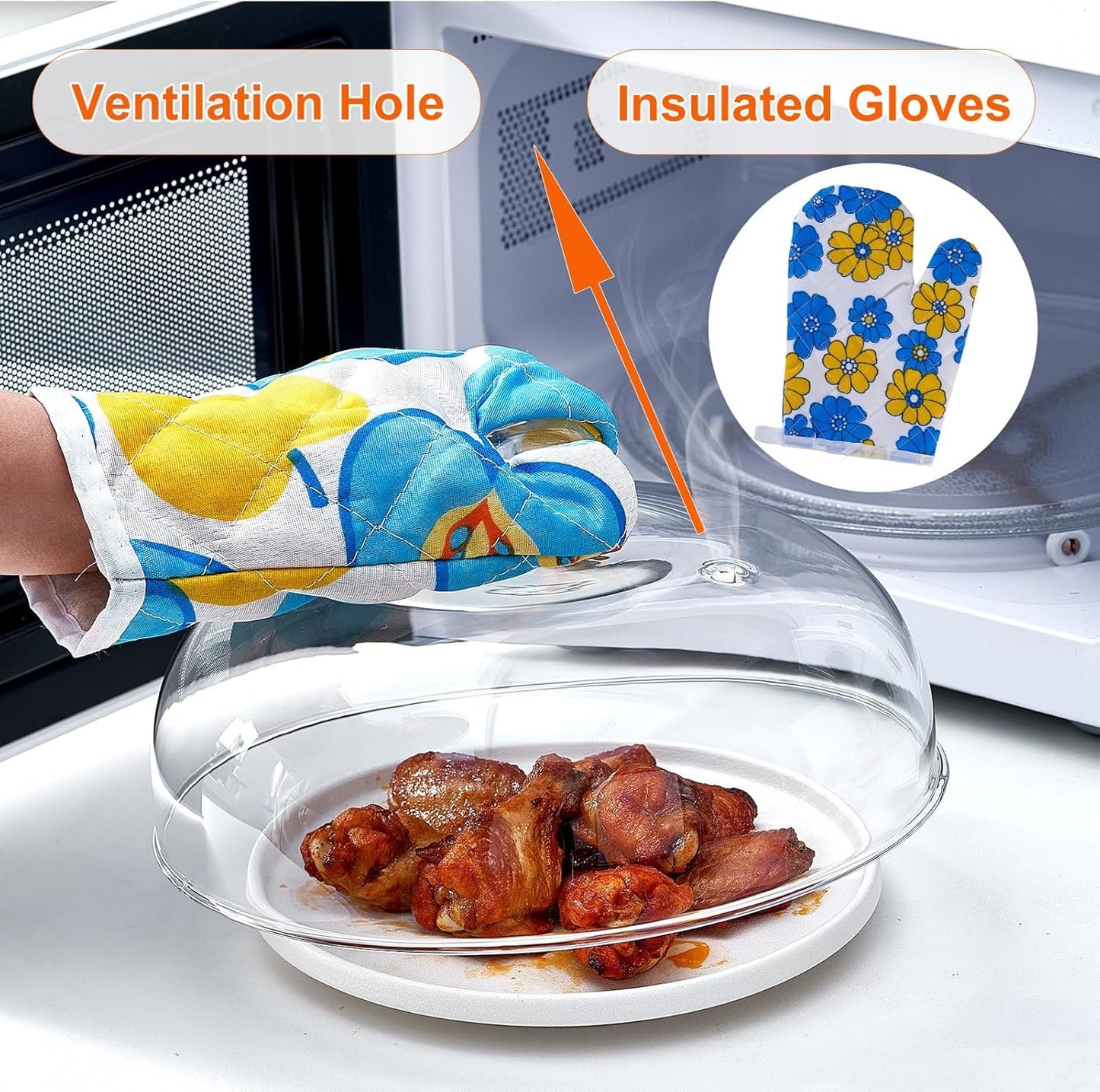 10inch Glass Microwave Cover for Food, Tall Sturdy Borosilicate Glass Splatter Cover Guard Lid with Heat-resistant Gloves, Dishwasher Safe
