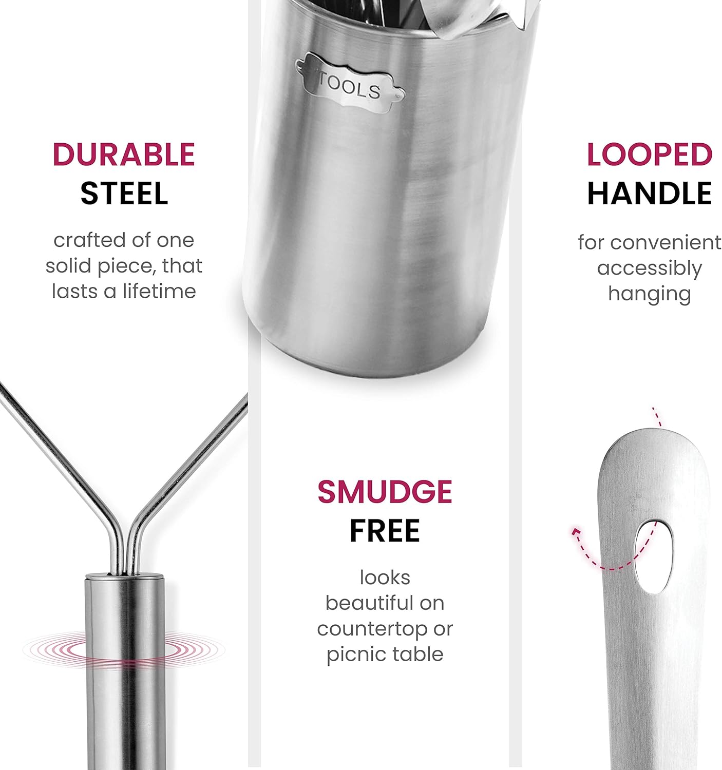 Stainless Steel Kitchen Utensil Set - 10 Piece Premium Non-Stick & Heat Resistant Kitchen Gadgets, Turner, Spaghetti Server, Ladle, Serving Spoons, Whisk, Tungs, Potato Masher and Utensil Holder