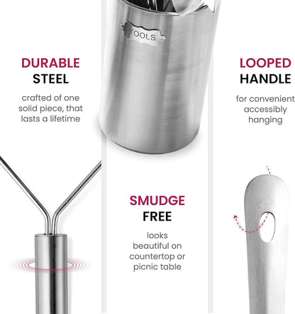 Stainless Steel Kitchen Utensil Set - 10 Piece Premium Non-Stick & Heat Resistant Kitchen Gadgets, Turner, Spaghetti Server, Ladle, Serving Spoons, Whisk, Tungs, Potato Masher and Utensil Holder