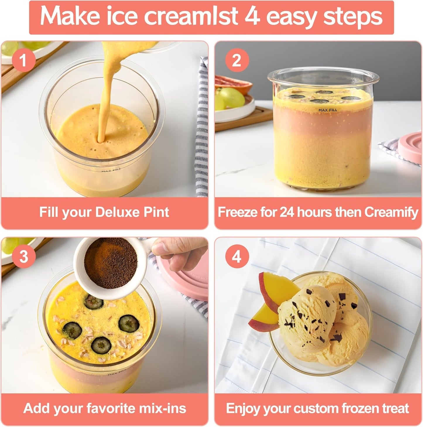 Containers Replacement for Ninja Creami Pints and Lids - 4 Pack, 16oz Cup Compatible with NC301 NC300 NC299AMZ Series Ice Cream Maker, BPA Free Dishwasher Safe Leak Proof