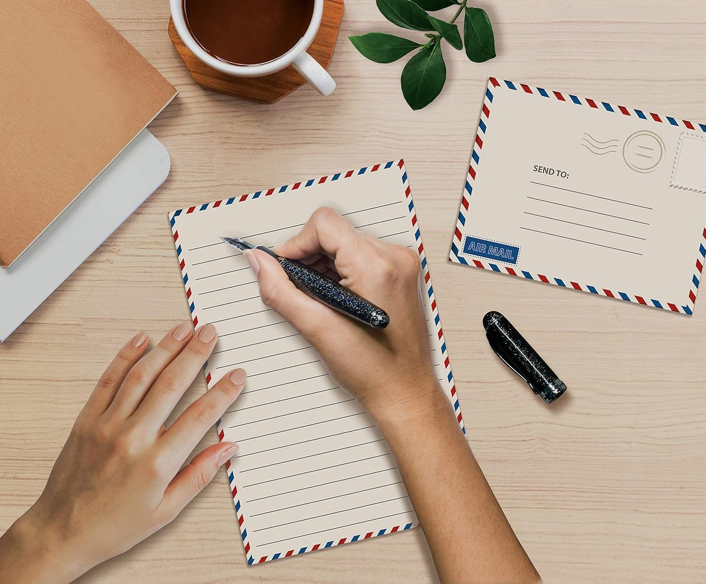 Better Office Products Mini Stationery Set, 100 Piece Set (50 Lined Sheets + 50 Matching Envelopes), 5.5 x 8.25 inch, Vintage Airmail Design, Double Sided Printing, Double Side Lined Paper, by