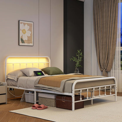 Maliacife Metal Bed Frame Double,Full Size Bed Frames with Charging Station and LED Headboard,Metal Platform Bed with Under Bed Storage, No Box Spring Needed, Noise Free,Easy Assembly,White