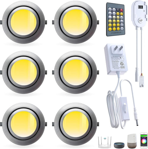 Smart Puck Lights 2700k-6500k Dimmable Under Cabinet Lighting Round Works with Alexa,Google Home,APP & Remote,12V,2W/pc,Recessed Kitchen Lamp Plug In for Counter,Display Shelf,2.5In Cutout,6pcs,Sliver