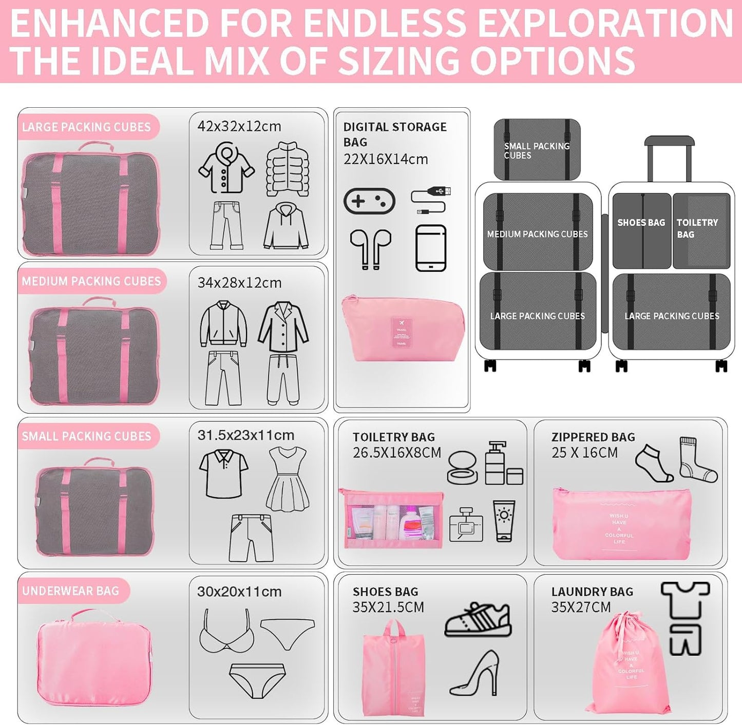 Neween 9PCS Packing Cubes for Suitcases, Travel Luggage Packing Organisers with Shoe Bag & Cosmetic Bag, Waterproof Travel Essential Cube Accessories Clothes Toiletries Storage Pouch (B-Pink)