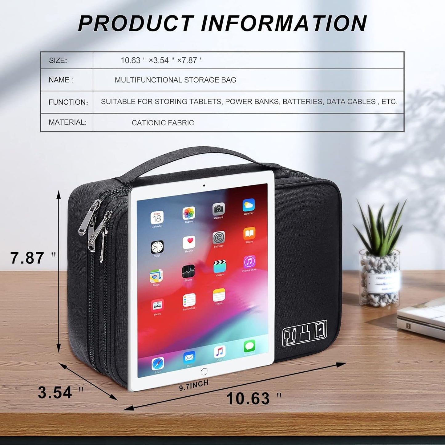 Electronic Bag Travel Cable Accessories Bag Waterproof Double Layer Electronics Organizer Portable Storage Case for Cable, Cord, Charger, Phone, Adapter, Power Bank, Kindle, Hard Drives (Black)