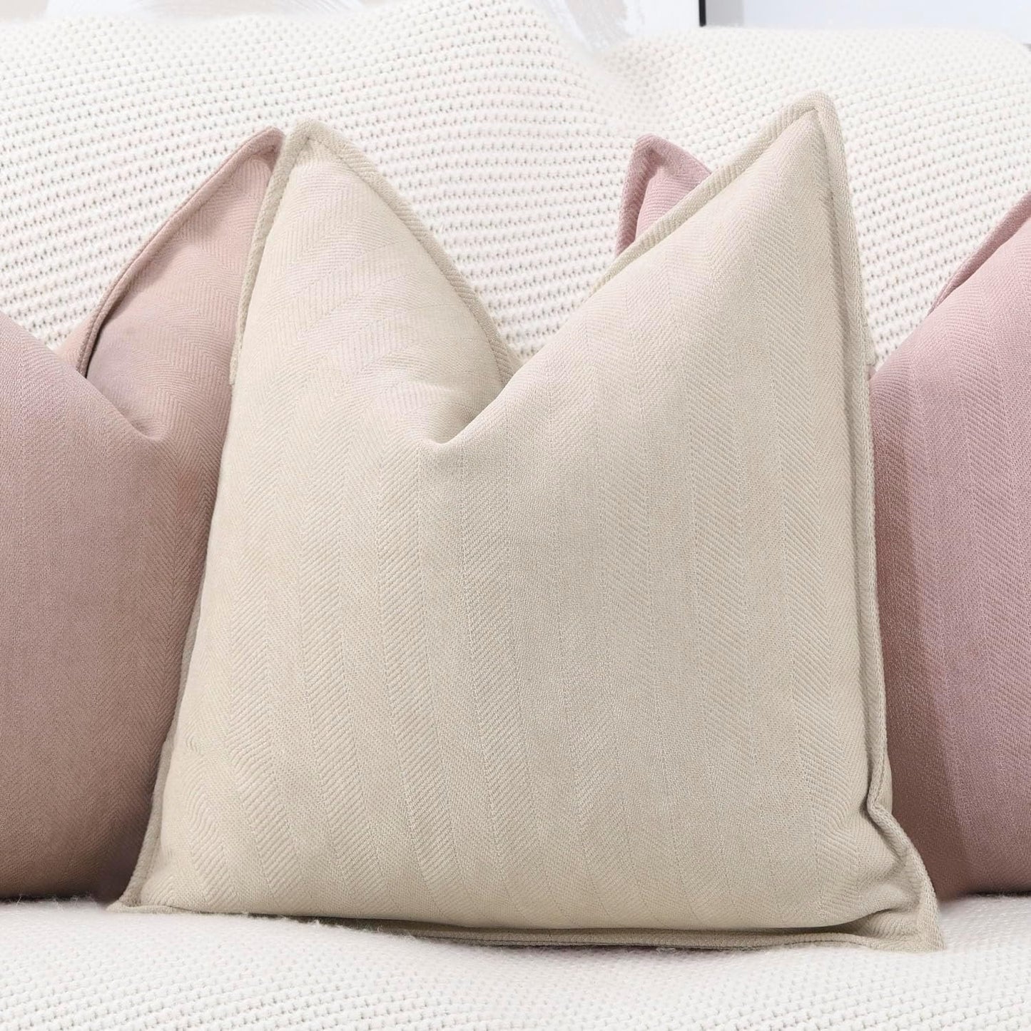 MADIZZ Textured Chenille Throw Pillow Covers Set of 2 Super Soft Decorative Pillow Covers Boho Cushion Covers Modern Farmhouse Home Decor for Sofa Bedroom 18x18 inch Beige