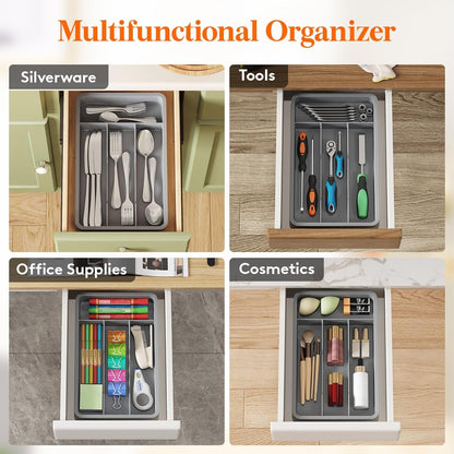 Lifewit Silverware Tray, Cutlery Drawer Organizer Storage for Kitchen, Plastic Flatware Utensil Holder Divider for Spoons Forks Knives Tableware, 4 Compartment, Gray