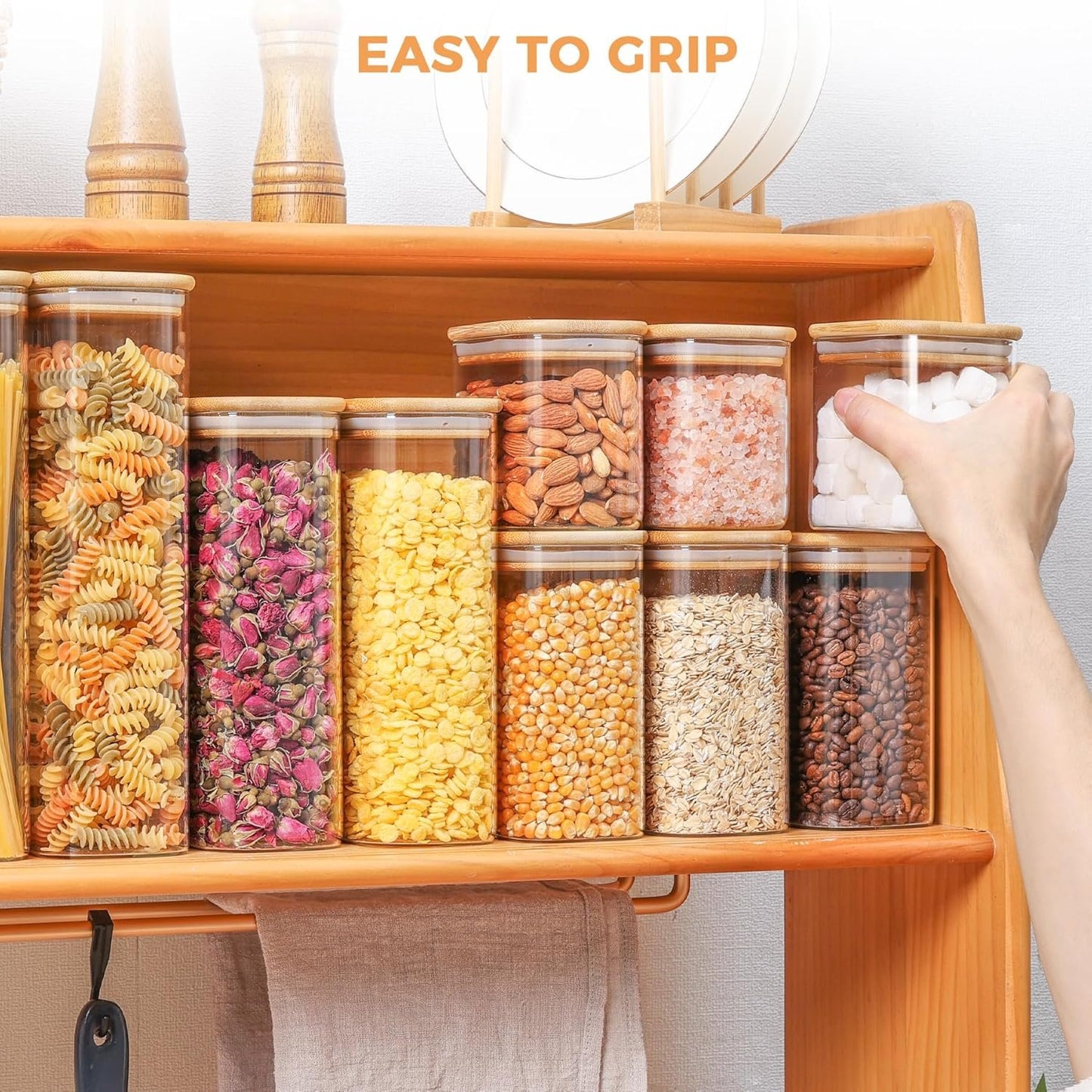 ComSaf 71oz Rectangle Glass Storage Containers with Lids, Glass Jars with Bamboo Lids, Clear Food Storage Jar, Tall Spaghetti Container, Pantry Storage Container for Pasta Flour Oats Nuts Rice