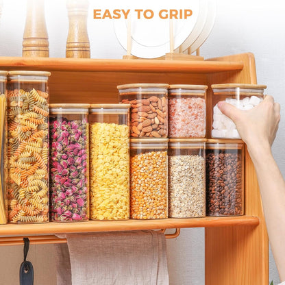 ComSaf 71oz Rectangle Glass Storage Containers with Lids, Glass Jars with Bamboo Lids, Clear Food Storage Jar, Tall Spaghetti Container, Pantry Storage Container for Pasta Flour Oats Nuts Rice