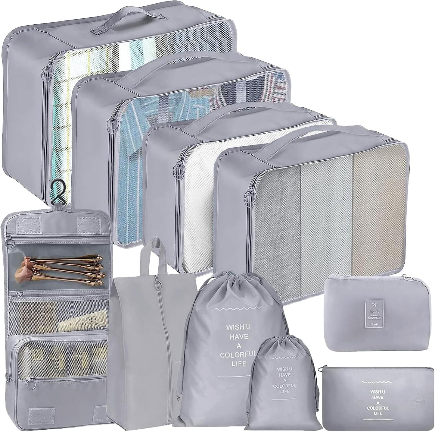 SINZUX Space-Saving Suitcase Organizer, 10 Pieces Travel Suitcase, Grey Dividers Suitcase for Storing Clothes on Travel and Home, Packing Cubes for Cosmetics Clothing Shoes